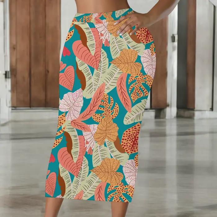Jupe à imprimé tropical, jupe midi bohème, jupe à motif de feuilles, jupe crayon taille haute, tenue de plage estivale, S-2XL