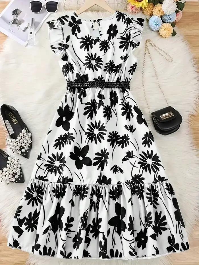 Jupe longue verte à fleurs chic pour adolescente avec ceinture - Décontractée