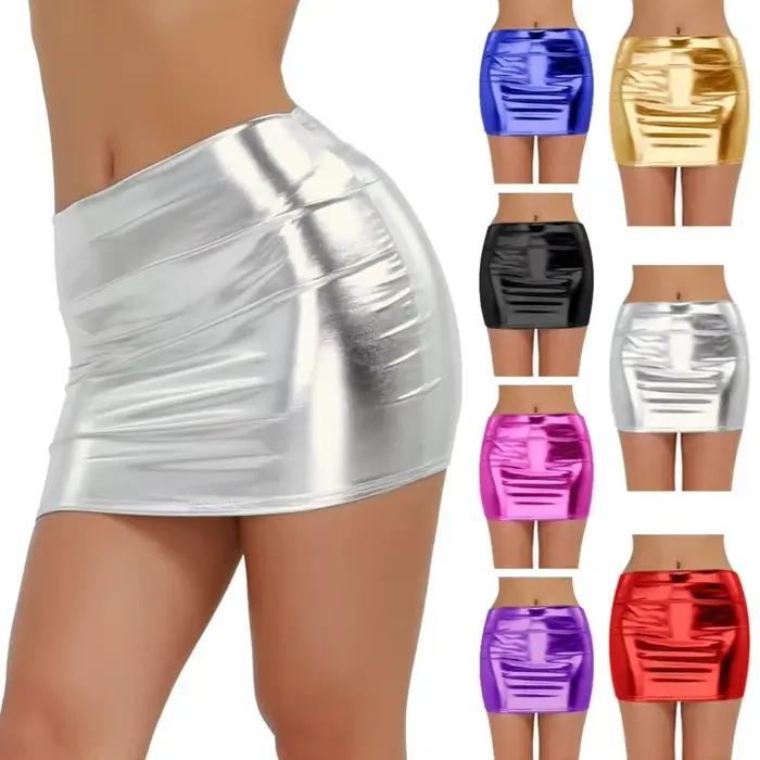 NOUVELLE Mini-jupe moulante métallique en similicuir PU, élastique, pour soirée, effet sculptant, ultra-brillante, jupe crayon ajustée, tenue de soirée