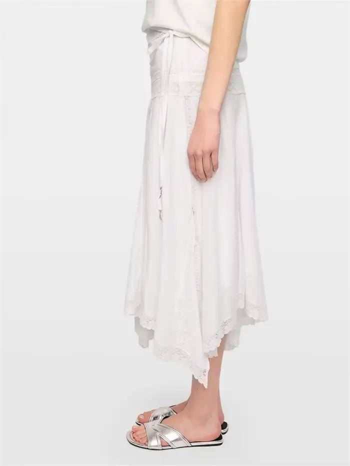Jupe 100% Coton Femme Taille Haute Plissée Ourlet Irrégulier avec Empiècements en Dentelle Longueur Midi Nouvelle Collection Été 2026