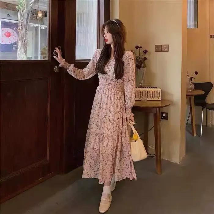 Robe longue élégante de style coréen à manches longues