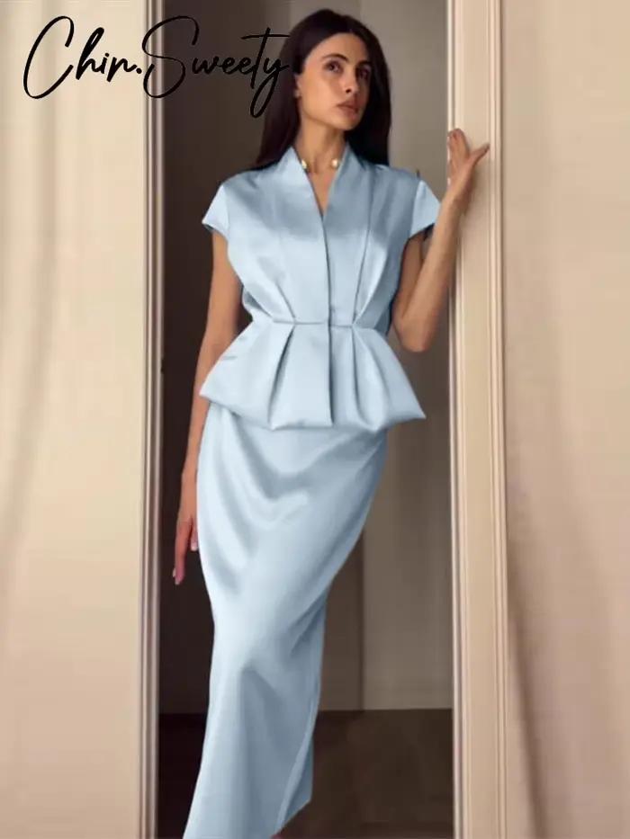 Nouvel ensemble jupe et blazer urbain pour femme : haut plissé sans manches à col en V