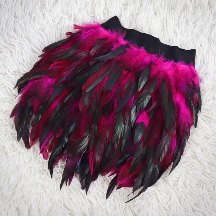 Mini-jupe élastique taille mi-haute en fausse plume pour femme