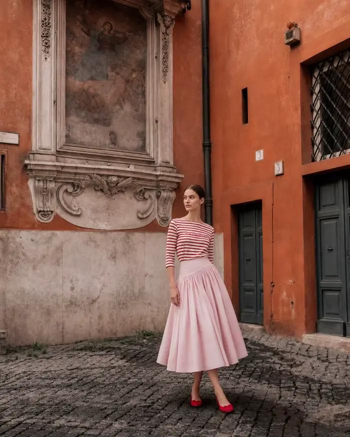 Jupe midi évasée rose poudré taille haute coupe trapèze