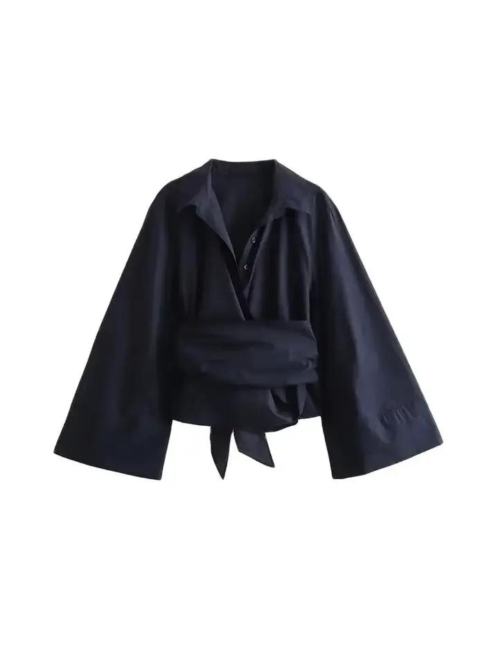 Chemisiers kimono à manches longues pour femmes avec nœud papillon, bouton avant, chemises féminines, hauts chics, à la mode