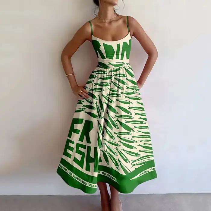 Robes longues élégantes pour femmes, nouvelle tendance d'été, col carré, épaules dénudées, sans manches, longueur au dos, robe imprimée