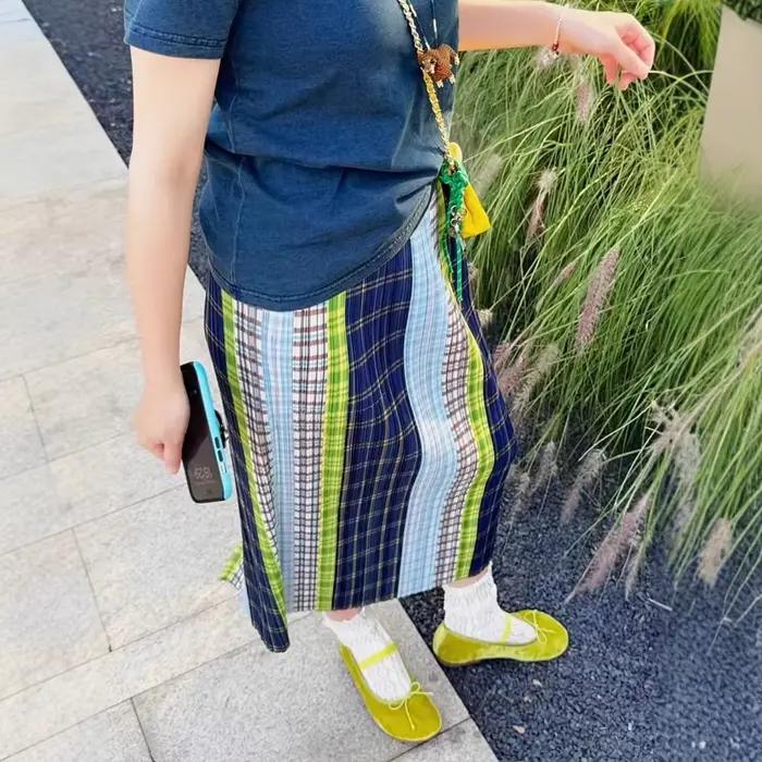 Jupe crayon plissée droite à carreaux rétro colorée et longue pour femme