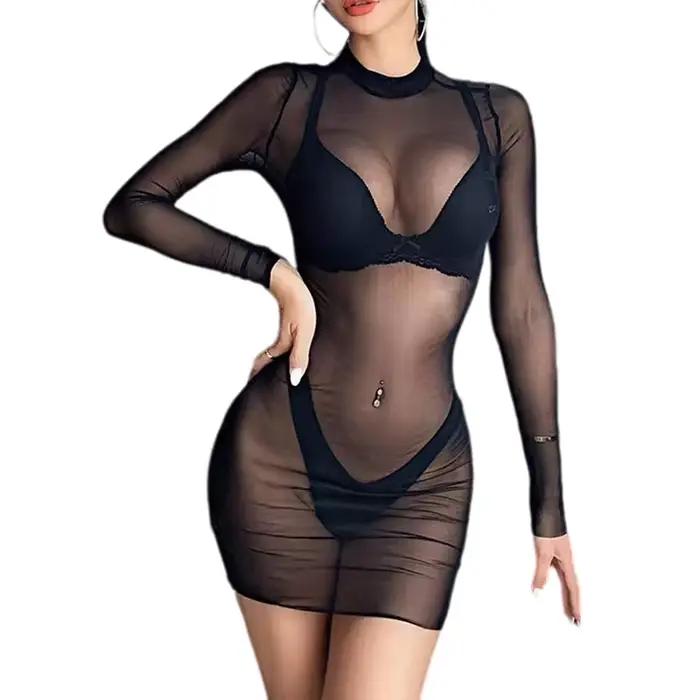 Femmes Lingerie érotique soutien-gorge chemise de nuit gothique maille noir à manches longues maigre body Club bref sous-vêtements robe transparente ensemble