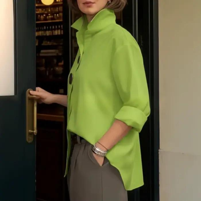 Chemise pour femme à col revers, manches longues, coupe ample, boutons métalliques, couleur unie, pour le travail, les fêtes et les occasions décontractées