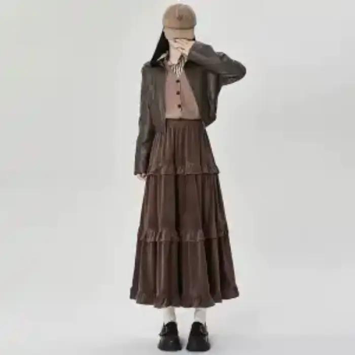 Jupe d'automne et d'hiver, jupe épissée avec oreilles marron et noires, nouvelle jupe gâteau pour femmes, grande jupe parapluie plissée