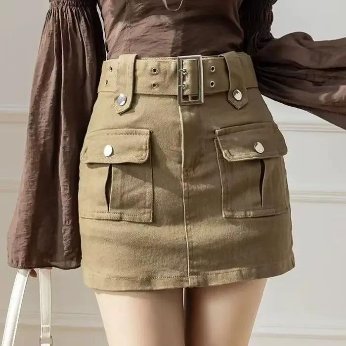 2025 nouvelle mode jupe Cargo femmes avec ceinture taille haute printemps et automne a-ligne Streetwear Denim jupes femme