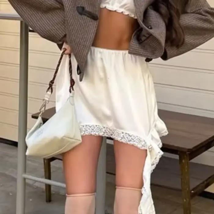 Été décontracté solide jupe femme 2025 Sexy dentelle blanc asymétrique Midi jupes rue Chic Satin taille haute