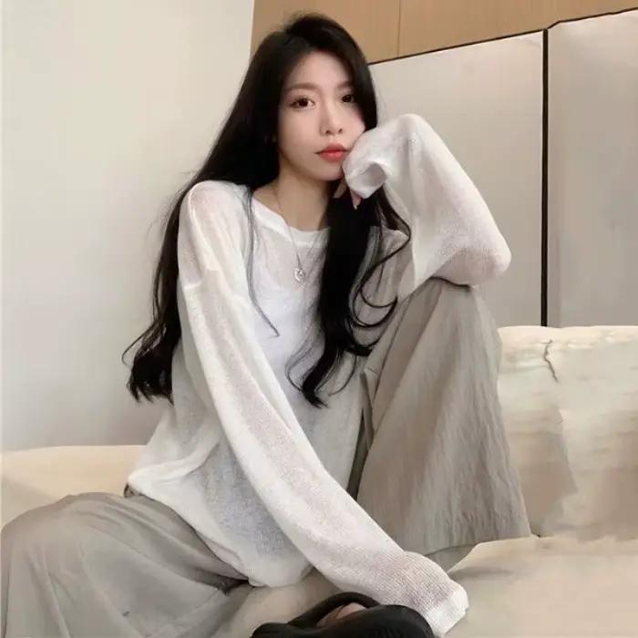 Femmes surdimensionné T-shirt printemps été col rond décontracté mode ample mince à manches longues haut pulls Chic blanc voir à travers T-shirt