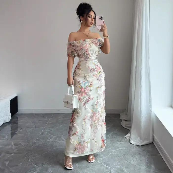 Robes pour femmes robe à volants élégante et romantique dames Sexy épaules dénudées ajustée maille robe florale robe de soirée pour femme