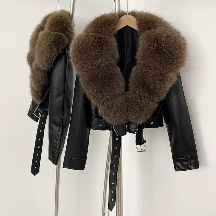 Manteau en fausse fourrure femme automne veste en Faux cuir vêtements courts à manches longues printemps nouvelle veste en fourrure PU poches artificielles pour femmes