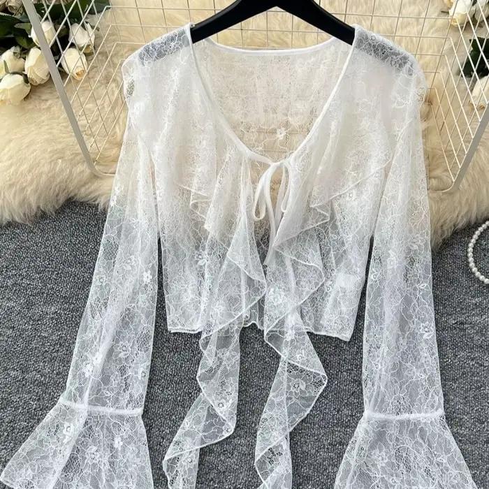 Manches longues mince respirant T-shirts femmes dentelle nœud Cardigan Blouse vêtements volants protection solaire