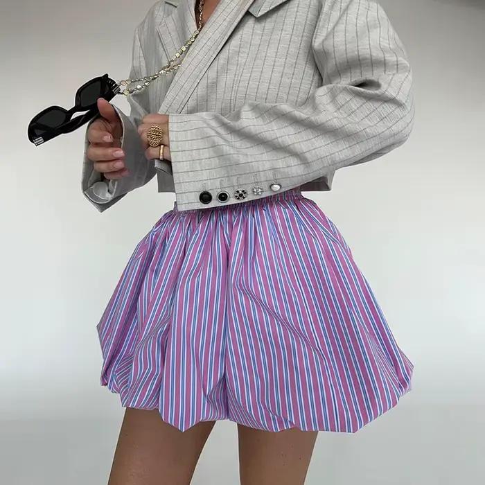 FLARORA mode rayé Patchwork a-ligne jupes femme taille haute bulle jupe plissée douce rue