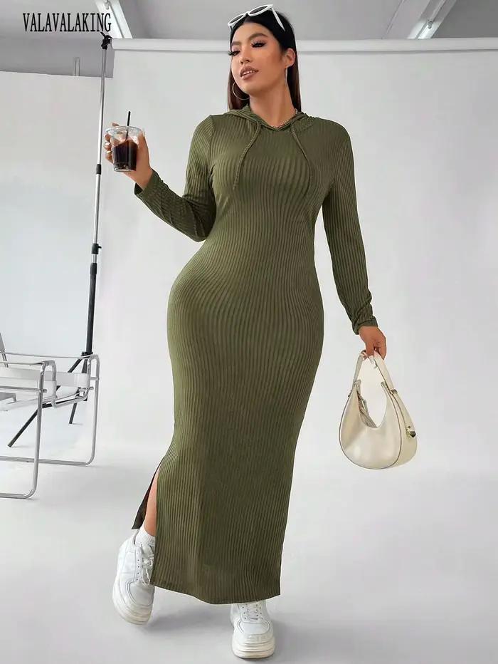 Robe pull à manches longues et col en V pour femme, grande taille, avec capuche, élégante, fendue, moulante, maxi, hiver, 2025