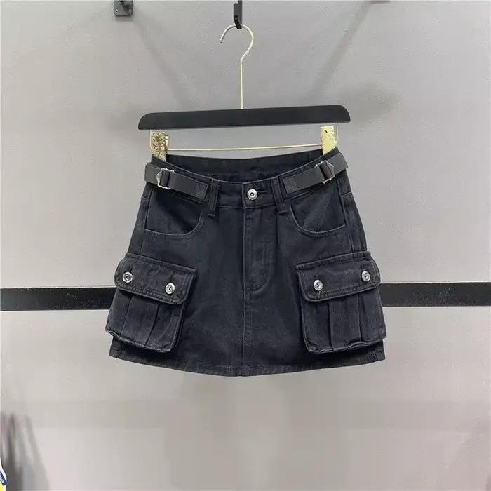 Jupe mini cargo taille haute pour femme, jupe utilitaire en denim de couleur unie avec poches, mode streetwear, jupe mini décontractée pour l'été
