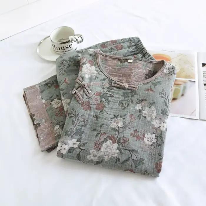 FjHome-Pyjama à manches longues pour hommes et femmes d'âge moyen, pyjama double couche, gaze teint en fil, jacquard fin double face