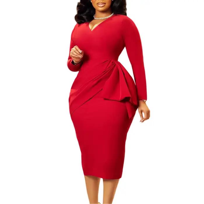 Robe mi-longue sexy pour femme, style Y2K streetwear, élégante, à empiècements, col en V, manches longues, taille haute, pour soirée