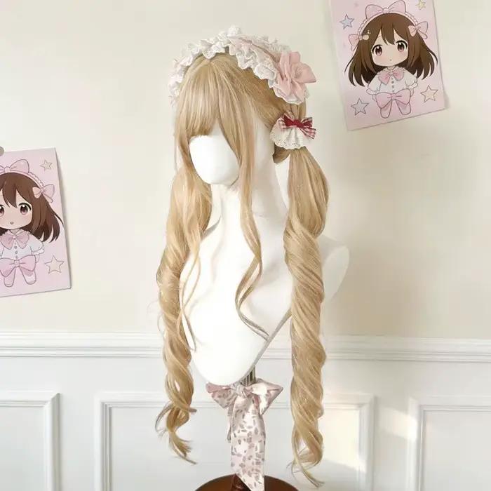 Perruque longue blonde double queue de cheval style Lolita avec frange, boucles princesse, synthétique, noire et marron, pour fille, cosplay, Halloween, Harajuku