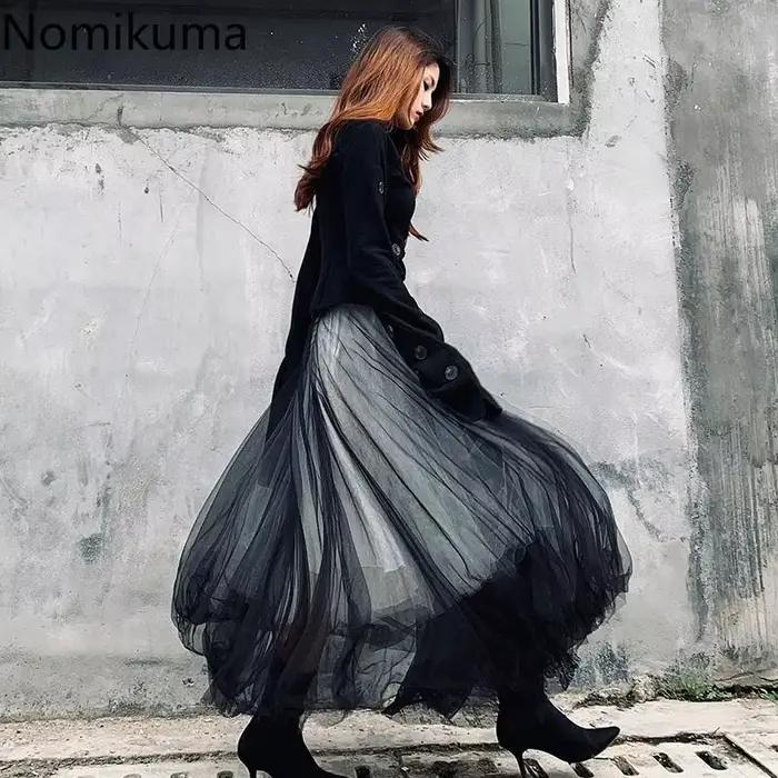 Harajuku Punk jupes longues pour femmes Patchwork gaze Chic Jupe 2025 Faldas Mujer De Moda japonais dentelle a-ligne Streetwear Jupe