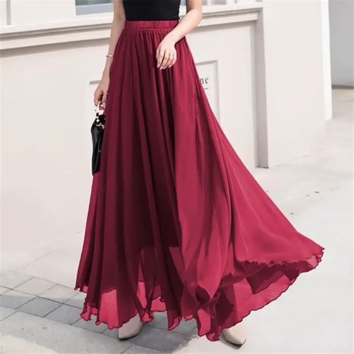Jupe patineuse longue taille haute en mousseline de soie pour femme