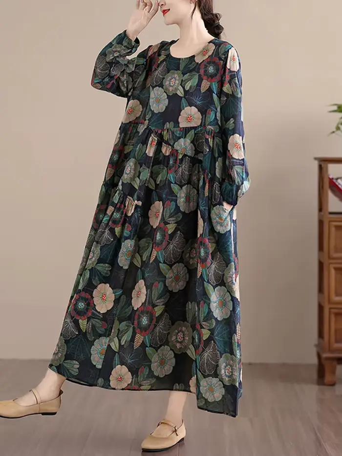 Coton à manches longues imprimé robes Vintage femmes 2025 printemps automne décontracté robe longue ample bureau dame robes vêtements élégants