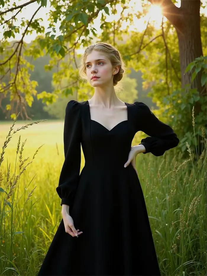 Robe femme automne femme à manches longues col carré élégant beau féminin assez doux belle fantaisie exquise Simple