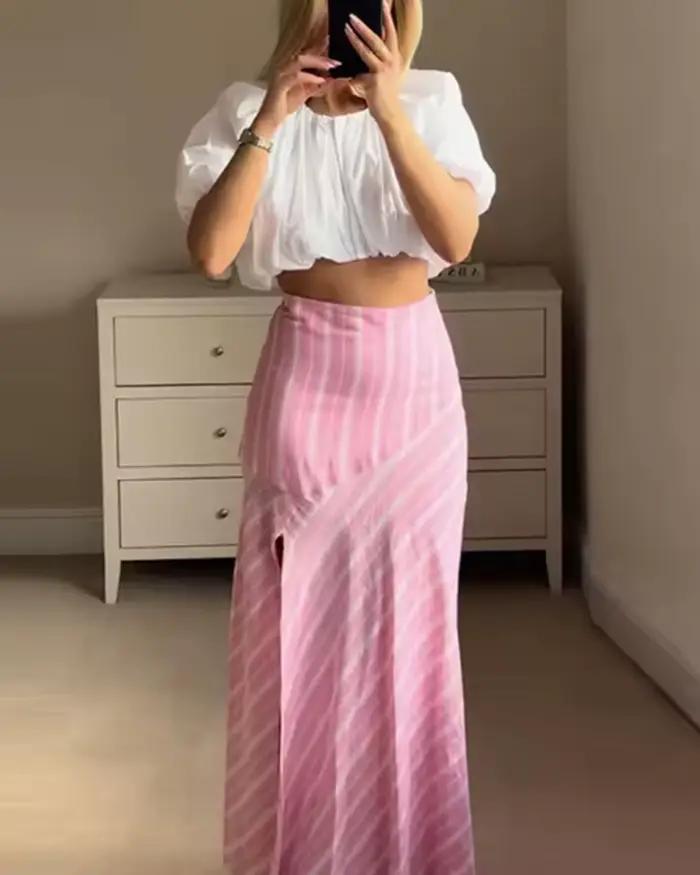 Jupe Femme 2026 Nouvelle Collection Printemps-Été Rose Rayée en Lin Longueur Midi