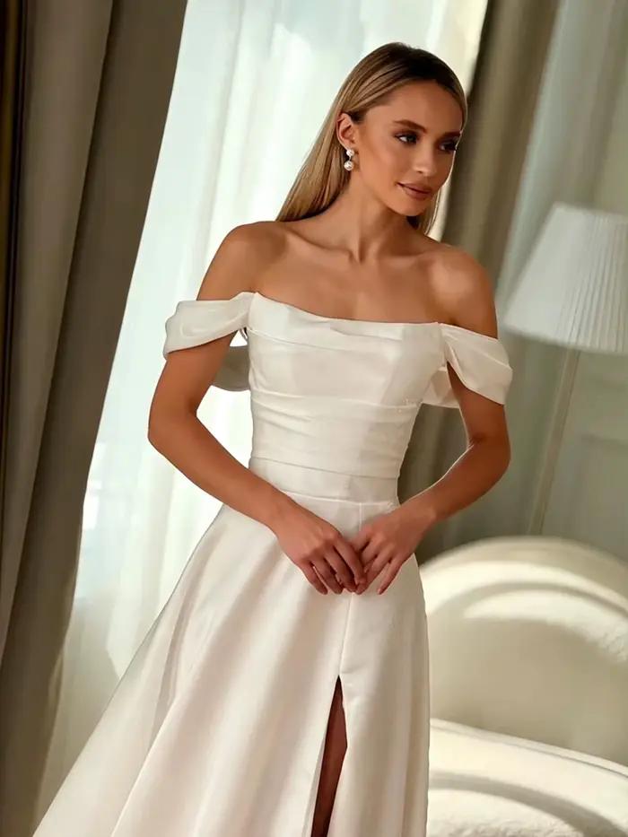 Robes de mariée simples en satin pour femmes, robes de mariée longues à épaules dénudées avec fente, robe de mariée élégante, personnalisée