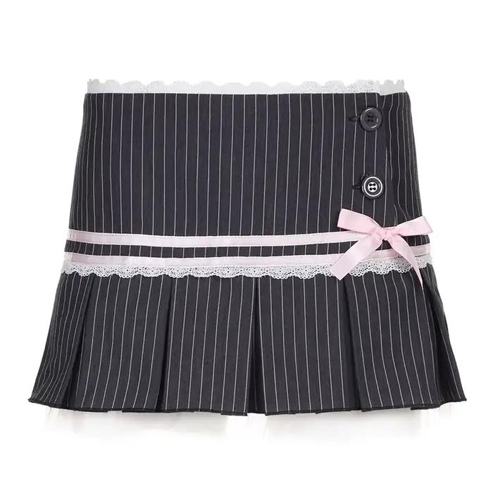 Jupe plissée en tissu de costume de ballet à rayures contrastées avec nœud et dentelle