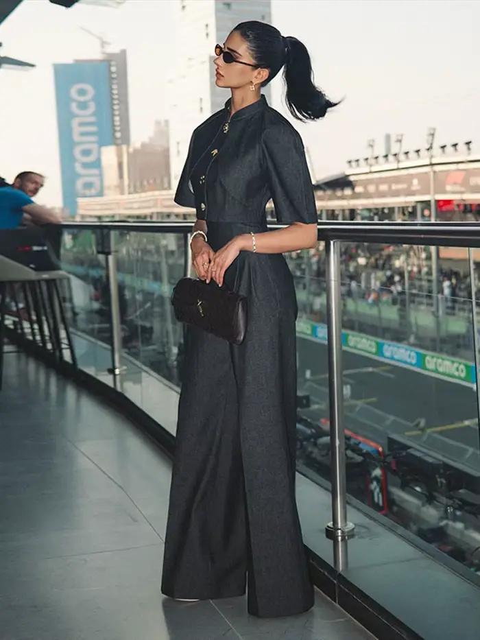 Ensemble tailleur-pantalon en jean pour femme, veste à manches mi-longues boutonnée et pantalon taille haute ample, élégant et chic