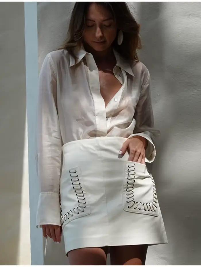 Jupe en acétate et lin droit avec motif point pour femmes - Occasions spéciales et quotidienne ```