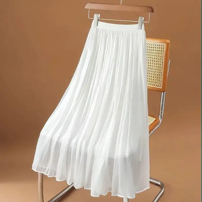 Jupe longue plissée en mousseline blanche à fleurs pour femme - Taille haute