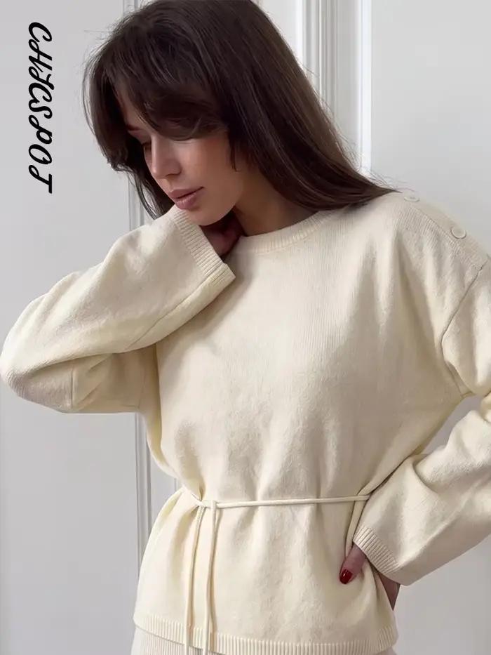 Ensemble 2 pièces jupe longue et pull tricoté pour femme – Élégant, col rond, manches longues, lacets, maille, jupes droites, tenues chics pour le bureau