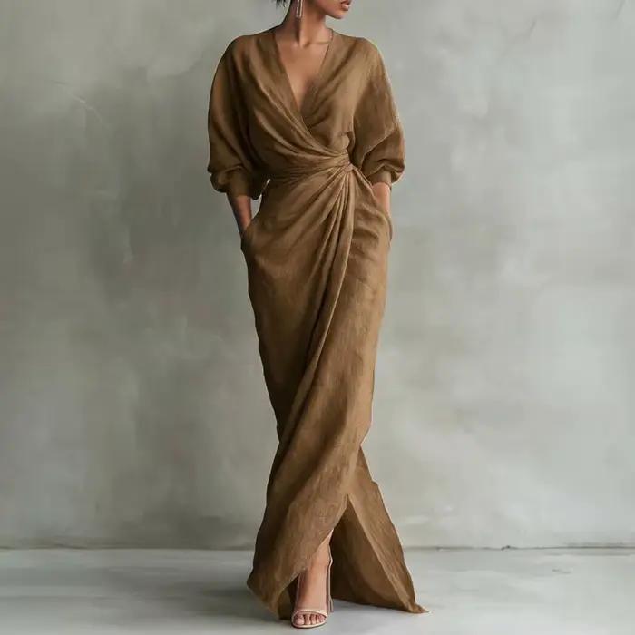 Robe longue moulante élégante pour femme, col en V, taille nouée, manches longues, fendue, couleur unie, style décontracté, collection Printemps 2026