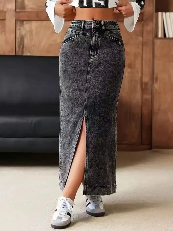 Jupe en jean gris taille haute fendue sur le devant pour femme