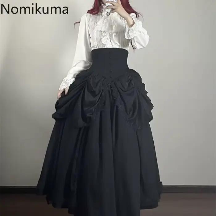 Taille haute jupes trapèze pour femmes 2025 Faldas Mujer De Moda Style Lolita japonais doux Saia Patchwork dentelle grande jupe pivotante