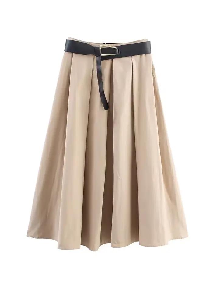 HH femmes mode Vintage ceinturé Cape-Style fermeture éclair Midi a-ligne jupe femme taille haute élégant fête plissée