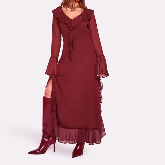 Robe d'automne pour femmes, manches longues, col en V, ourlet fendu, garniture en dentelle florale, mode élégante