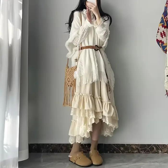 Jupes longues en dentelle à volants irréguliers vintage élégantes pour femmes automne hiver ligne a epaisse Y2K Mori filles