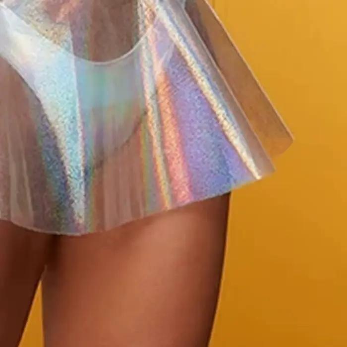 Femmes Sexy Transparent Mini jupe Club fête brillant irisé taille haute fermeture éclair plissé jupes évasées patineuse