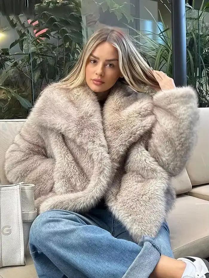 HH femmes mode fausse fourrure veste Vintage col rabattu à manches longues manteau automne hiver femme élégant Streetwear