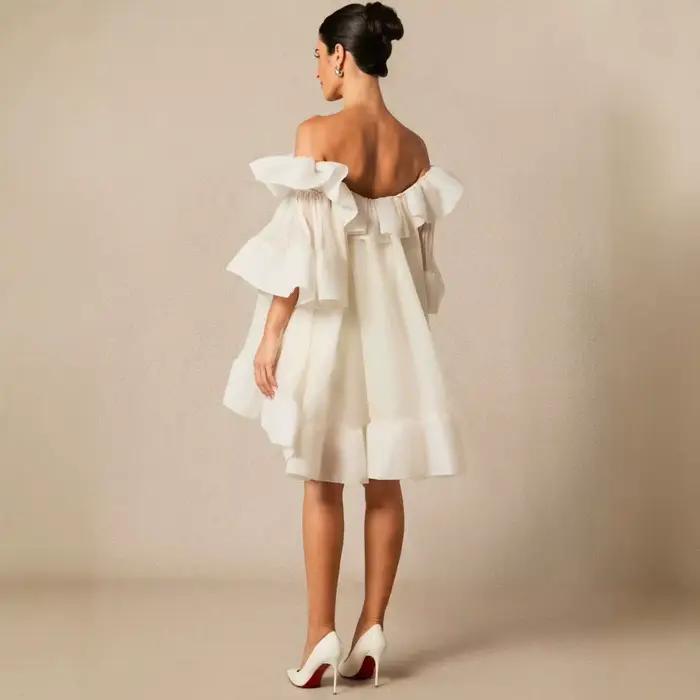 Robe Courte d'Été Élégante pour Femme, Style Féerique, Asymétrique à Une Épaule, avec Bordure en Dentelle et Manches Évasées