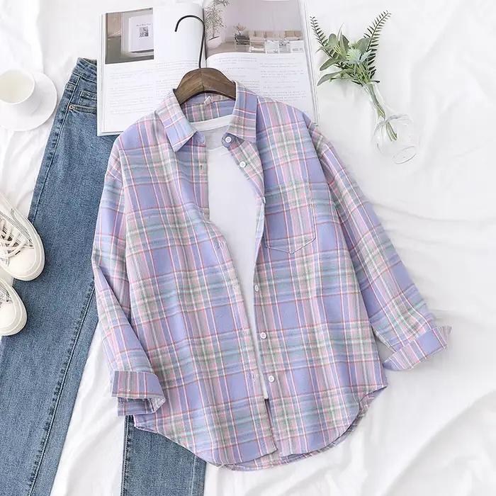 Chemise à carreaux pour femmes, chemisier et hauts amples et décontractés, Style collège frais, chemises à manches longues, vêtements pour femmes, nouvelle collection 2025
