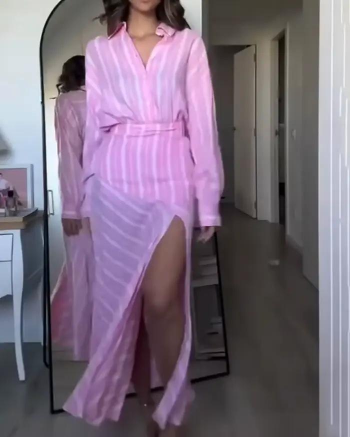 Jupe Femme 2026 Nouvelle Collection Printemps-Été Rose Rayée en Lin Longueur Midi