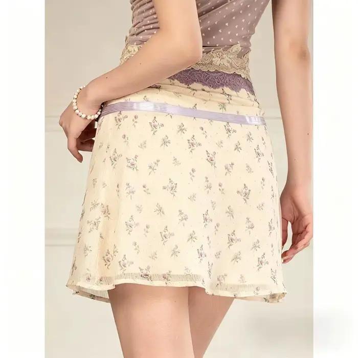 Jupe courte A-line motif floral estival idyllique high street taille haute polyester mixte mi-mollets femmes été sorties occasions spéciales