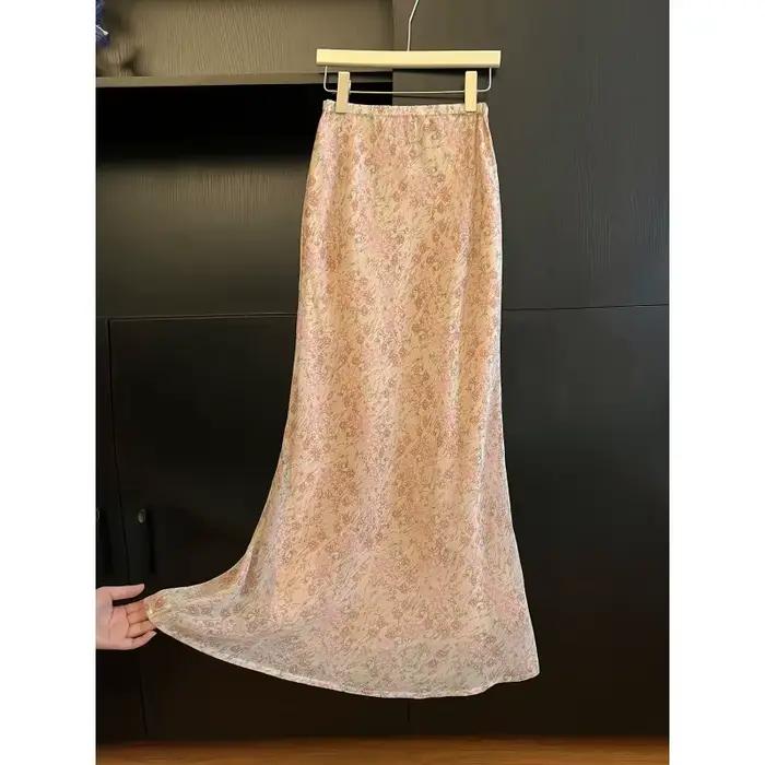 Jupe mi-longue rose à imprimé floral pour femme